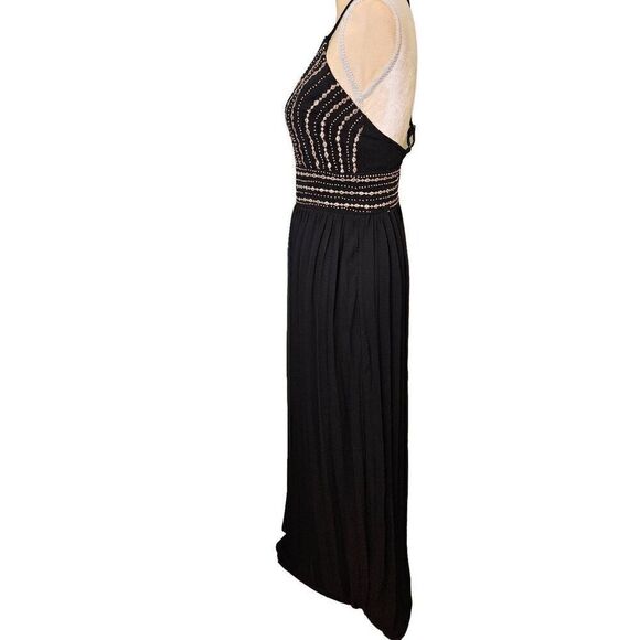 Lulus black with gold accents crossback spaghetti strap gown. Size M. - Picture 3 of 11